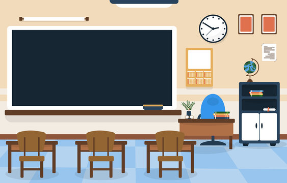 Class School Nobody Classroom Blackboard Table Chair Education Illustration