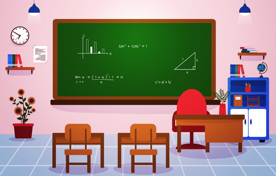 Math School Class Classroom Blackboard Table Chair Education Illustration