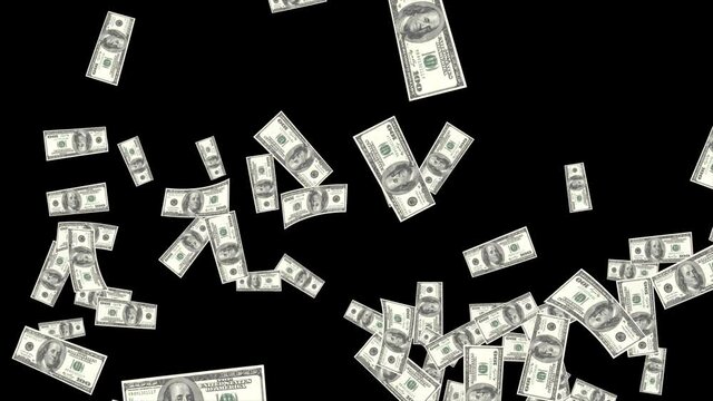 Dollar icon currency explosion 4k video Loop background. celebration throwing dollars on white background. Five hundred Dollar bill fountain with start and finish and separate Green screen channel