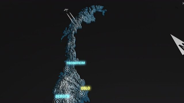 Seamless looping animation of the 3d terrain map at nighttime of Norway with the capital and the biggest cites in 4K resolution
