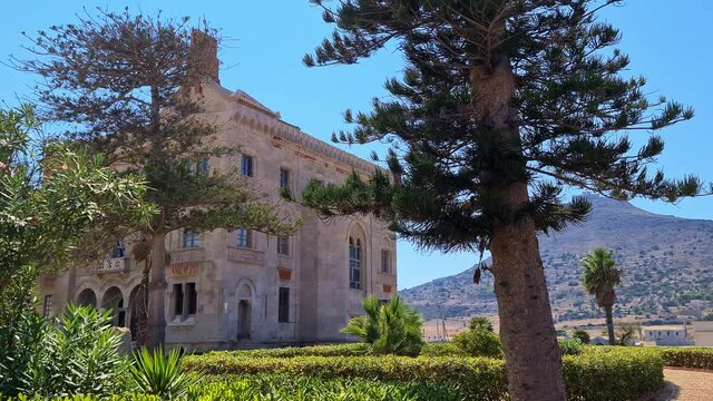 Exterior of neo-gothic Florio Palace or or Villa or Palazzo Florio at Favignana in Sicily. Italy
