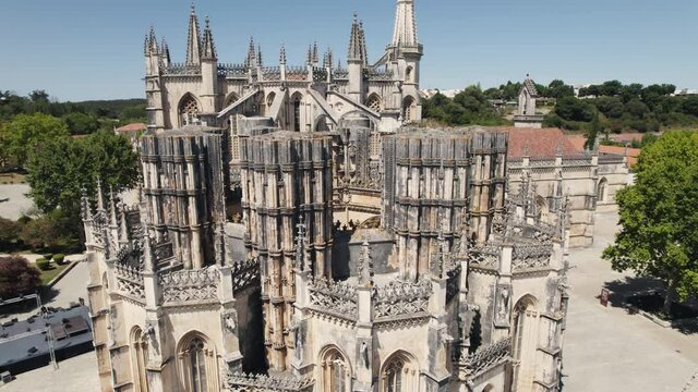 Close up shot of magnificent Mosteiro da Batalha, Gothic style monastery masterpiece, Portugal