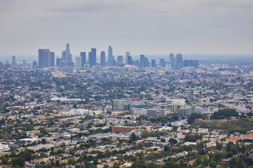 Fototapeta na wymiar Downtown Los Angeles California skyline from the Hollywood Hills from a high angle