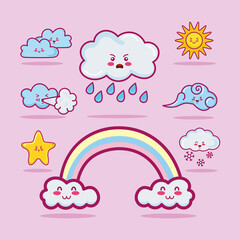 eight kawaii clouds characters