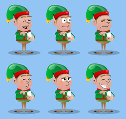Christmas Elf using a mobile phone. Vector cartoon character illustration of Santa Claus's little worker, helper.