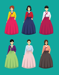 Various Hanbok Colors Korean Traditional Woman Cartoon Vector