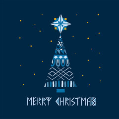 Christmas tree vector illustration in scandinavian minimalist style with folk ornaments and merry shristmas text. Good as greeting card, interior or textile print in hygge style .