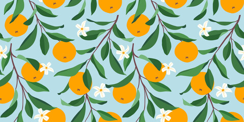 Seamless pattern with oranges. Trendy summer background. Vector bright print for fabric or wallpaper.