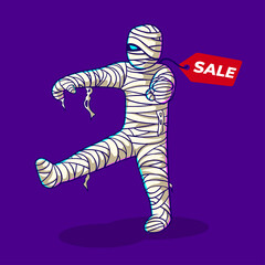 Mummy cartoon illustration with price tag for Halloween season promotion