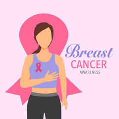 Breast cancer awareness month concept vector illustration. Woman with pink ribbon logo on her dress in flat design.