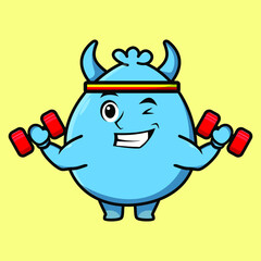 Cute Blue magician goblin cartoon monster vector image with fitness costume on yellow background cartoon icon illustration design isolated flat cartoon style