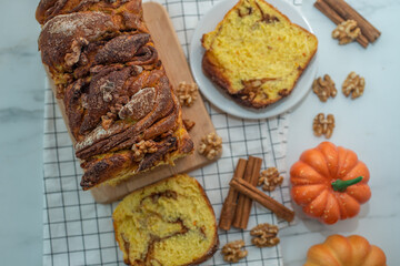 Sweet home made pumpkin cinnamon babka on a table