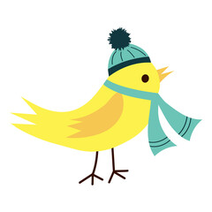 Cute yellow bird in hat and scarf