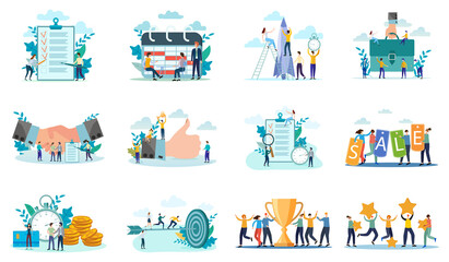 Targeting,office work,time management, contract conclusion, rating, new project.A set of flat icons vector illustrations on the topic of business and technology.