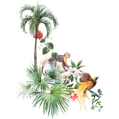 Beautiful tropical composition with hand drawn watercolor exotic jungle palm trees and animals. Toucan monkey and paradise bird. Stock illustration. © zenina