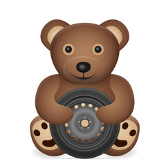 Teddy bear with car tyre