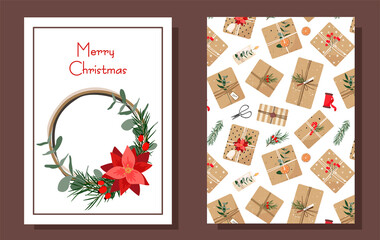 Christmas card. gifts in kraft paper. cartoon style.