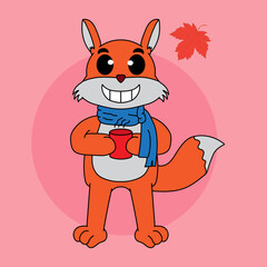 cartoon fox character waving their hands in autumn or winter