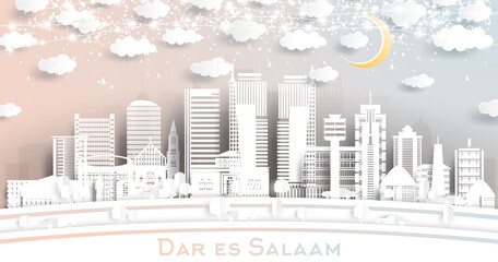 Dar Es Salaam Tanzania City Skyline in Paper Cut Style with White Buildings, Moon and Neon Garland.