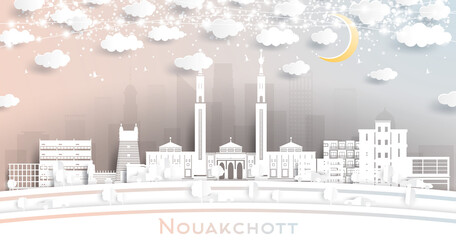 Nouakchott Mauritania City Skyline in Paper Cut Style with White Buildings, Moon and Neon Garland.