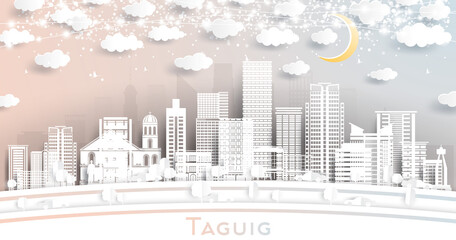 Taguig Philippines City Skyline in Paper Cut Style with White Buildings, Moon and Neon Garland.