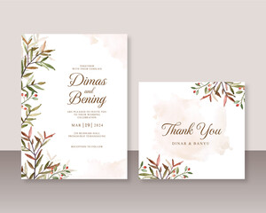 Wedding invitation set with leaves watercolor painting