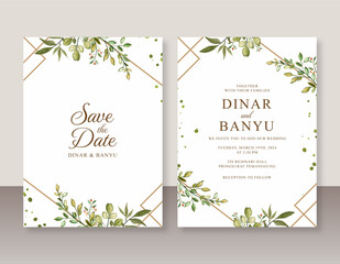 Wedding invitation set with watercolor foliage and geometric border