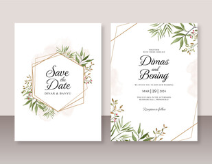 Wedding invitation set with watercolor leaves and gold geometric