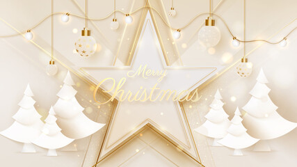 Star shape golden line sparkling along with lamp, ball, blurred, bokeh and white Christmas tree element, Luxury celebration background design, 3d realistic banner scene, Vector illustration.
