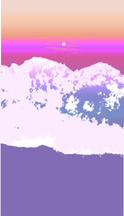 Japanese style landscape of sky,  mountain and cloud, orange, pink, yellow and purple, a scene of sunrise or sunset showing in soft beautiful famine and color palette conveys harmony and vintage feel.