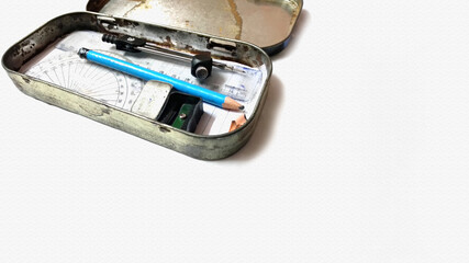 old Geometry Box Set with Ruler, Protractor, Mechanical Pencil Compass box with copy space free image