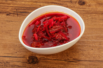 Russian traditional Borsch soup with cabbage