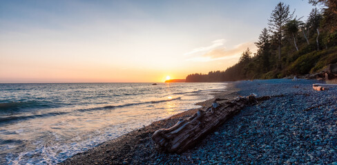 Sandcut Beach on the West Coast of Pacific Ocean. Summer Sunny Sunset. Canadian Nature Landscape Background. Located near Victoria, Vancouver Island, BC, Canada.
