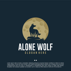 alone wolf , moon , logo design template