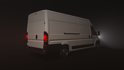 Rear and Side View of a Delivery Van in the Dark with the Headlights On 3D Rendering