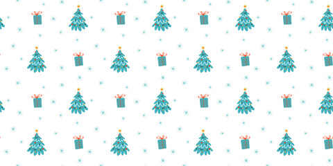 Christmas vector background. Seamless pattern with Christmas tree, snowflakes and presents