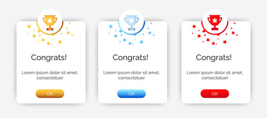 Set of Modern congratulations pop up banner with flat design on white background. Professional web design, full set of elements. User-friendly design materials.