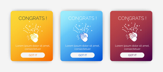 Set of Modern congratulations pop up banner with flat design on white background. Professional web design, full set of elements. User-friendly design materials.
