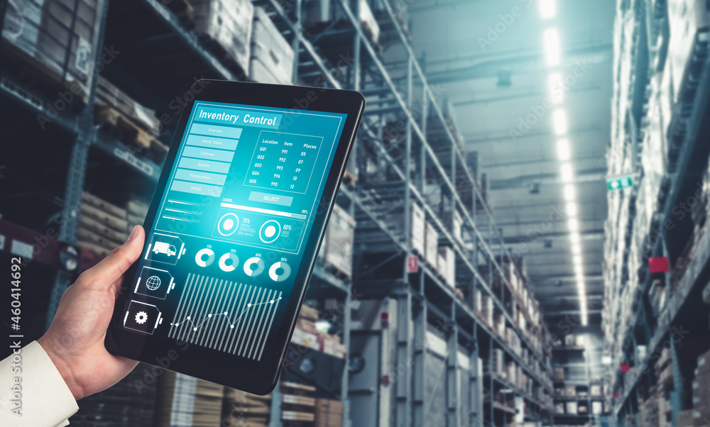 Poster warehouse management innovative software in computer for real time monitoring of goods package deliv
