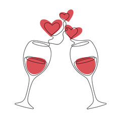 Continuous line art two glasses of red wine. Cheers with wine glasses. Romantic toast concept with heart shapes in one line style.
