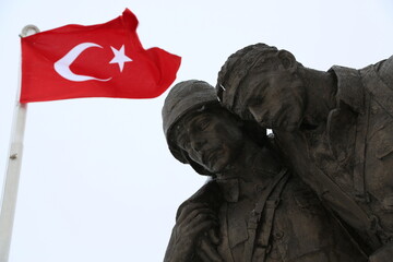 Sarikamis, Kars/TURKEY - January 2 2015 : Sarikamis martyrdom monument in Sarikamis with Turkish...
