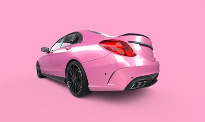 Metallic pink generic vehicle on pink background. Fisheye studio shot. 
