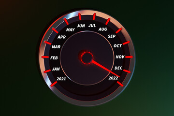 3D illustration Close up Instrument automobile panel with speedometer, tachometer, which says Merry Christmas 2021, 2022. The concept of the new year and Christmas in the automotive field.