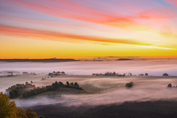 Sunrise with fog in the cultivated landscape
