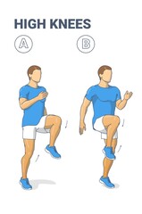 Man Doing High Knees. Front Knee Lifts. Male Jogging on the Spot and Sprinting Exercise Guidance.