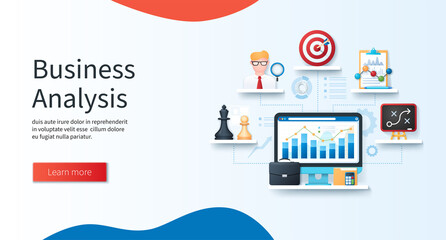 Business analysis concept. Computer with business charts on the screen. Chess pieces, analyst, target, statistics, planning icons. Web vector illustrations in 3D style