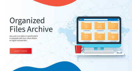 Organized files archive concept. Computer with yellow folders on the screen. File management system, online document storage service, archive, paperwork organization banner. Web vector illustration
