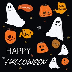 Happy Halloween with scary ghost and cutest word hand draw background 