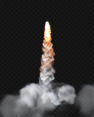 Rocket fire and smoke trails, vector realistic spacecraft startup launch element. Space rocket launch or startup jet fire flames, airplane shuttle contrails, isolated element on transparent background