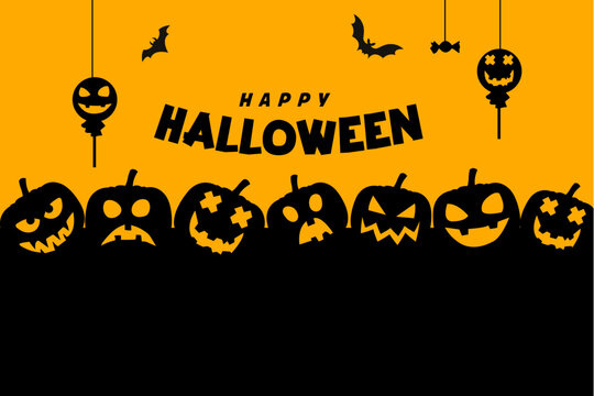 Happy Halloween background with hanging candies, bats and spooky pumpkins on an orange background